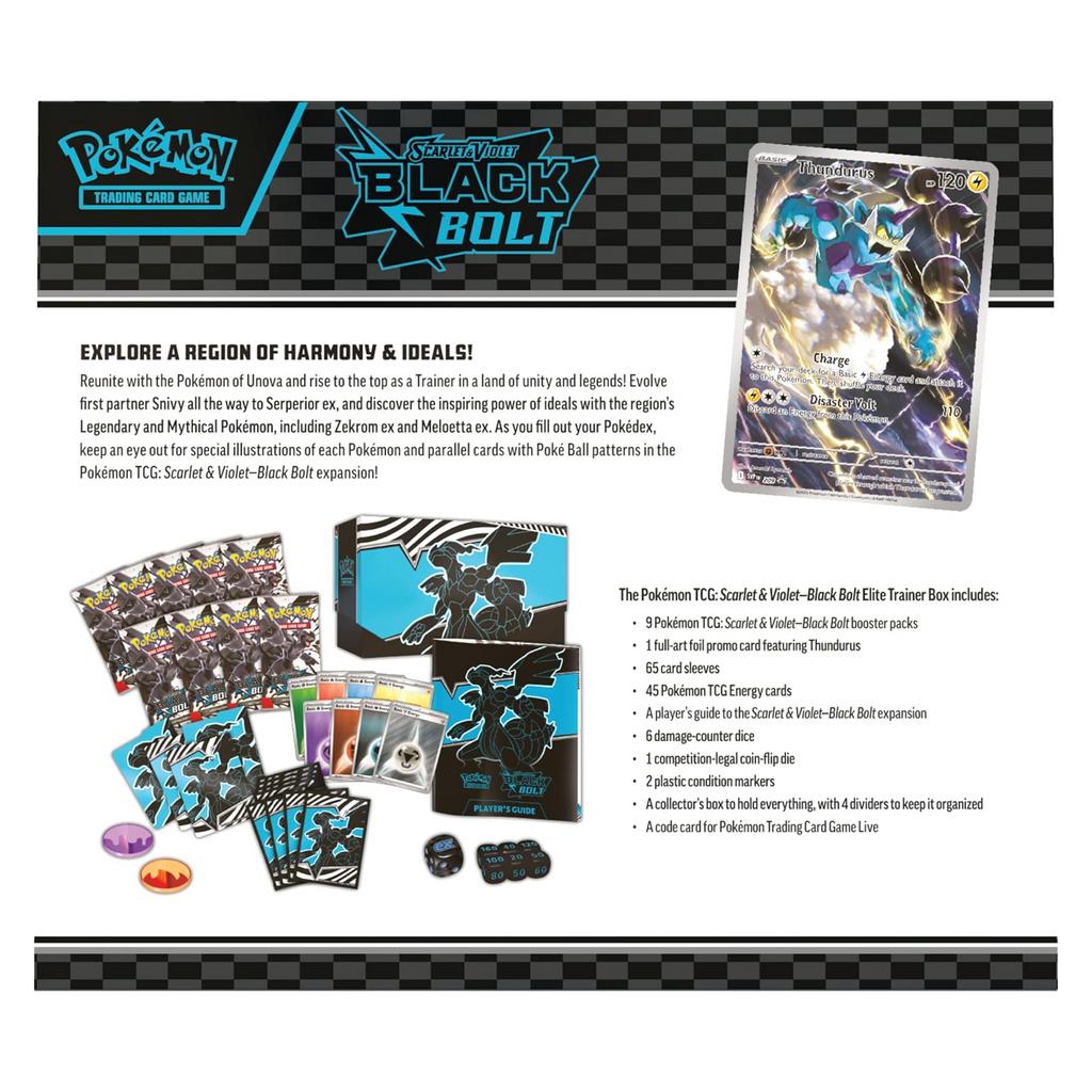 Pokémon Black & Blue trading card game packaging with cards and accessories on a black and white checkered background.