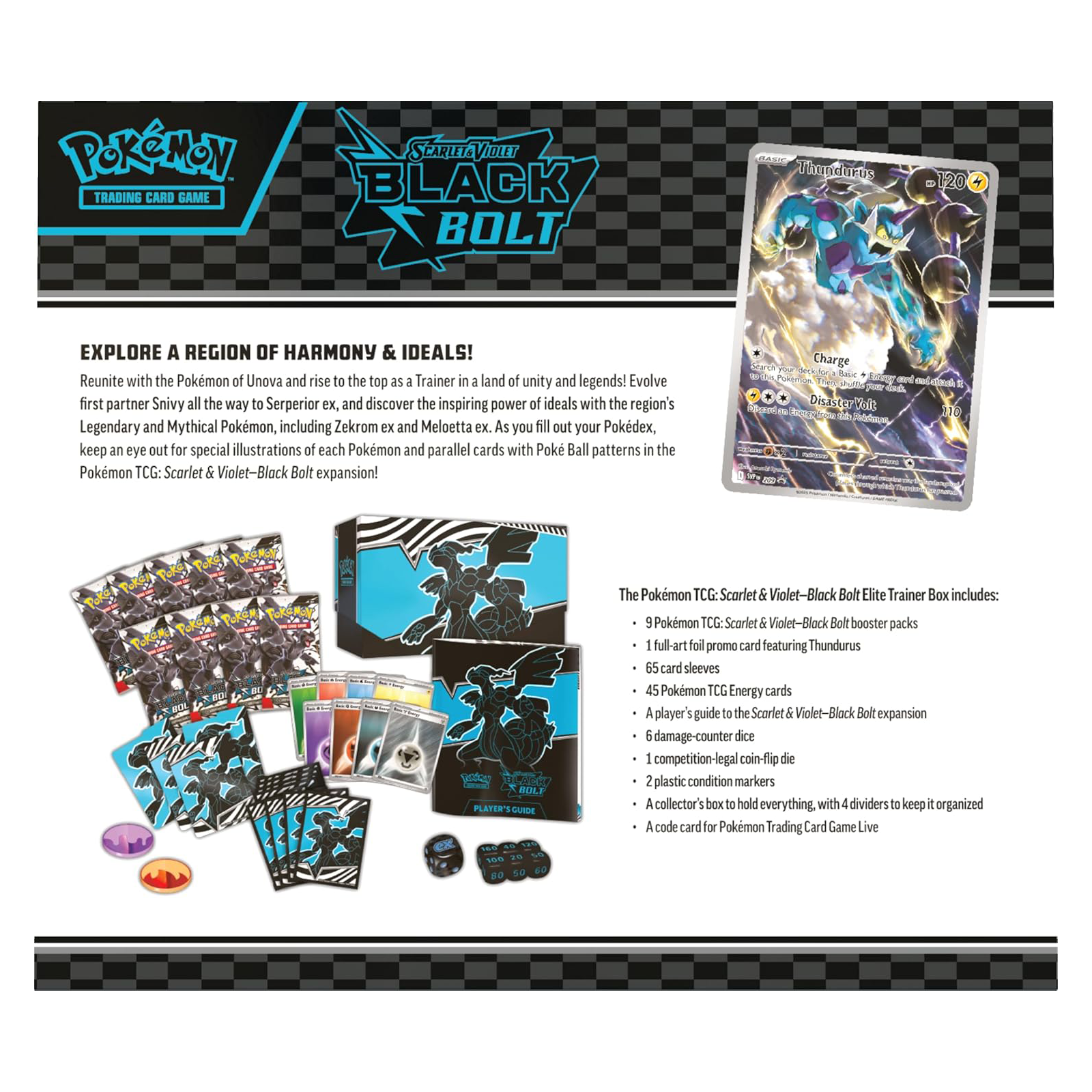 Pokémon Black & Blue trading card game packaging with cards and accessories on a black and white checkered background.