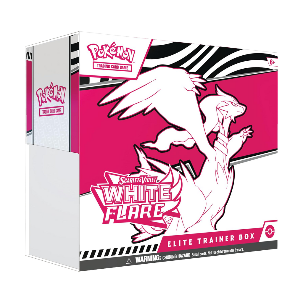 Pokémon Scarlet & Violet White Flare Elite Trainer Box packaging with Pokémon logo.